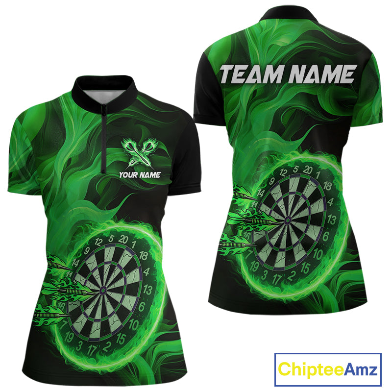 Green Flaming Dartboard Shirt For Women Custom Fire Darts Jersey Polo & Quarter Zip Team Uniform TDM4677