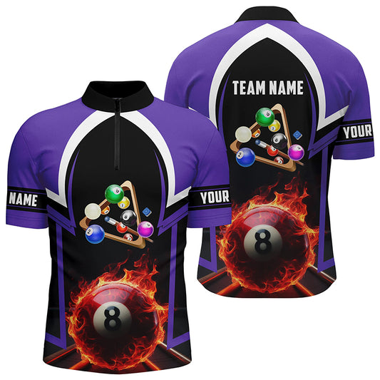 8 Ball Pool Fire 3D Personalized Purple Billiard Jerseys Quarter-Zip Shirts For Men TDM0431