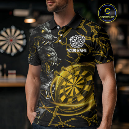 Personalized Wolf Dart Shirts For Men Custom Lights Dartboard Darts Team Jerseys |Gold TDM5094