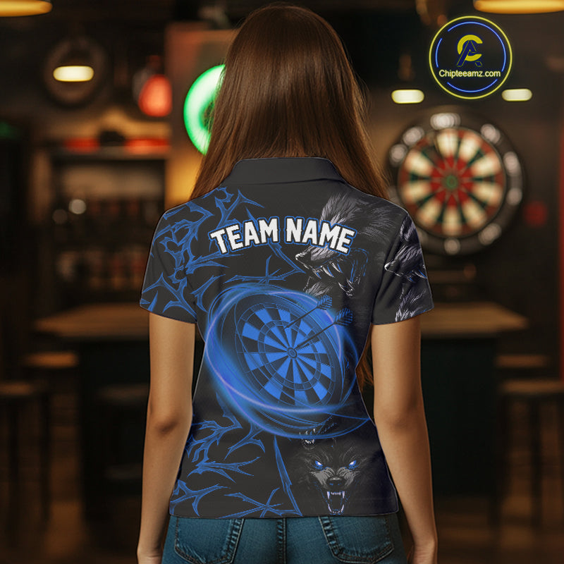 Personalized Wolf Dart Shirts For Women Custom Lights Dartboard Darts Team Jerseys |Blue TDM5095