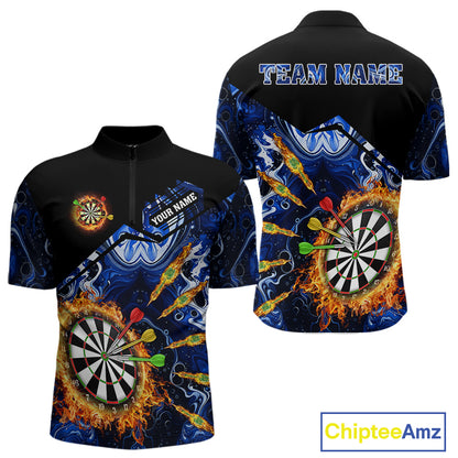 Personalized Blue Dartboard Fire Marble Darts Shirt For Men Custom Dart Team Jersey Polo & 1/4 Zip TDM5096