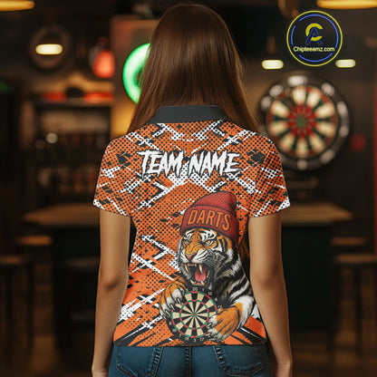Personalized Orange Black Grunge Tiger Darts Shirt For Women Custom Darts Team Jersey Polo & 1/4 Zip TDM5099