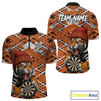 Personalized Orange Black Grunge Tiger Darts Shirt For Men Custom Darts Team Jersey Polo & 1/4 Zip TDM5099