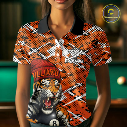 Personalized Orange Black Grunge Tiger Billiard Shirt For Women Custom 8 Ball Pool Team Jersey TDM5100