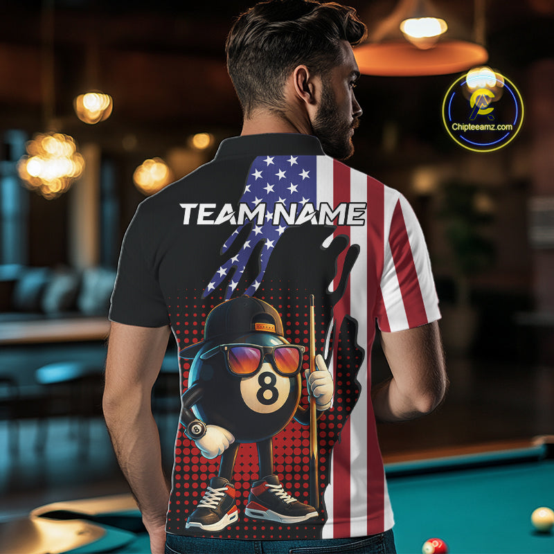 American Flag Funny 8 Ball Pool Billiard Shirt For Men Custom Patriotic Billiard Team Jersey TDM5576