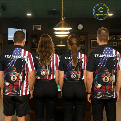 American Flag Funny 8 Ball Pool Billiard Shirt For Men Custom Patriotic Billiard Team Jersey TDM5576