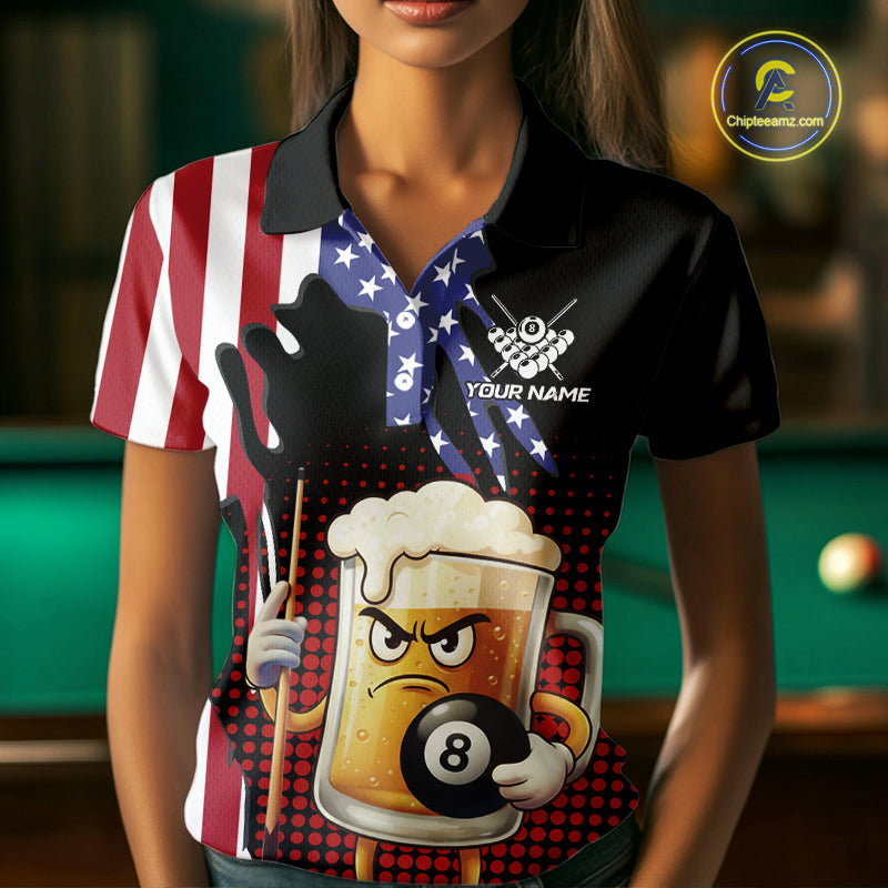 American Flag Funny Beer 8 Ball Billiard Shirt For Women Custom Patriotic Pool Team Jersey TDM5577