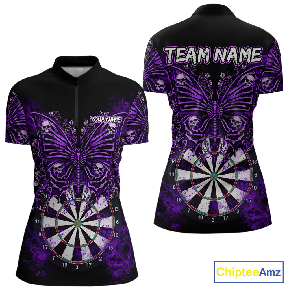 Purple Dartboard Butterfly Skull Darts Shirt For Women Custom Darts Team Jersey Polo & 1/4 Zip TDM5582