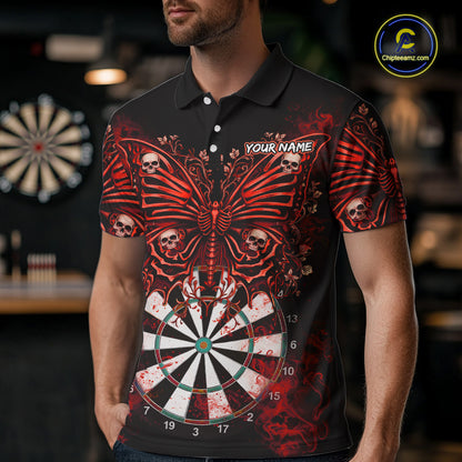 Red Dartboard Butterfly Skull Darts Shirt For Men Custom Darts League Team Jersey Polo & 1/4 Zip TDM5583