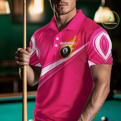 Personalized Pink Billiard Jersey For Men Custom Flame 8 Ball Pool Billiard Shirt Polo & 1/4 Zip TDM5814