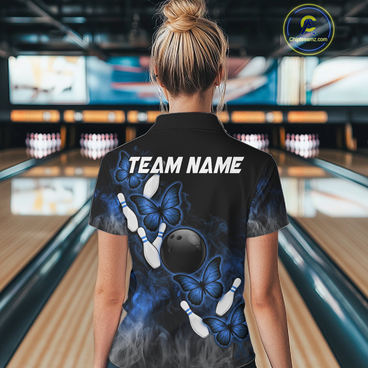 Black And Blue Custom Butterfly Bowling Shirt For Women, Smoke Bowling Team Jersey Polo & 1/4 Zip TDM6424