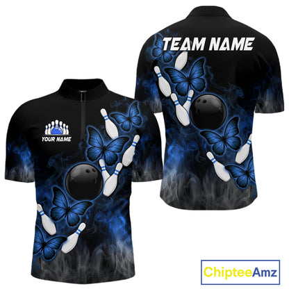 Black And Blue Custom Butterfly Bowling Shirt For Men, Smoke Bowling Team Jersey Polo & 1/4 Zip TDM6424