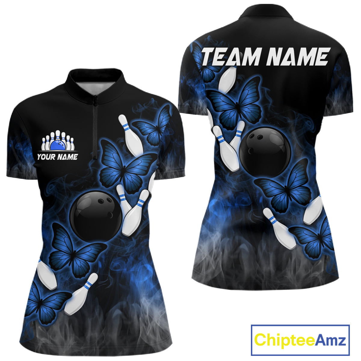 Black And Blue Custom Butterfly Bowling Shirt For Women, Smoke Bowling Team Jersey Polo & 1/4 Zip TDM6424