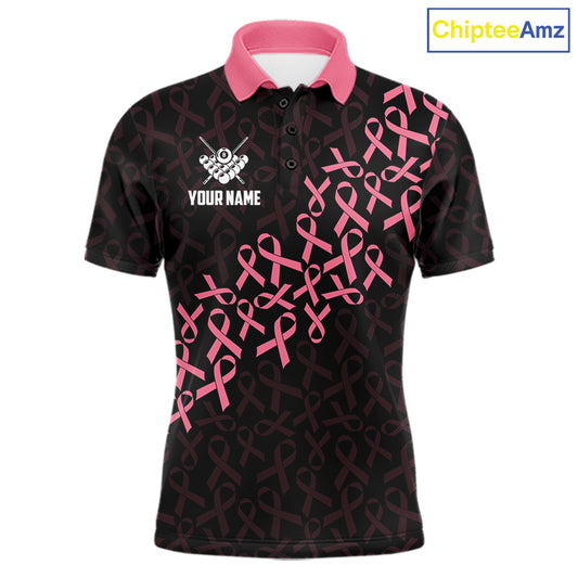 Pink Ribbons Breast Cancer Awareness Billiard Polo Shirt Featuring US Flag Inspired Artwork for Pool League Players, Team Competition, and Awareness Events