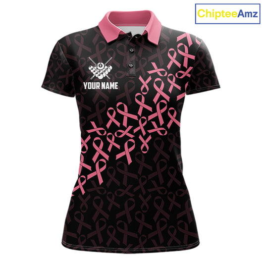 Pink Ribbons US Flag 8 Ball Breast Cancer Awareness Billiard Polo Shirt Featuring Patriotic American Flag Artwork for Pool League Players and Awareness Events