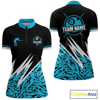Personalized 8 Ball Billiard Jersey For Women Custom Black & Cyan Blue Pool Team Shirt Polo, 1/4 Zip TDM5107
