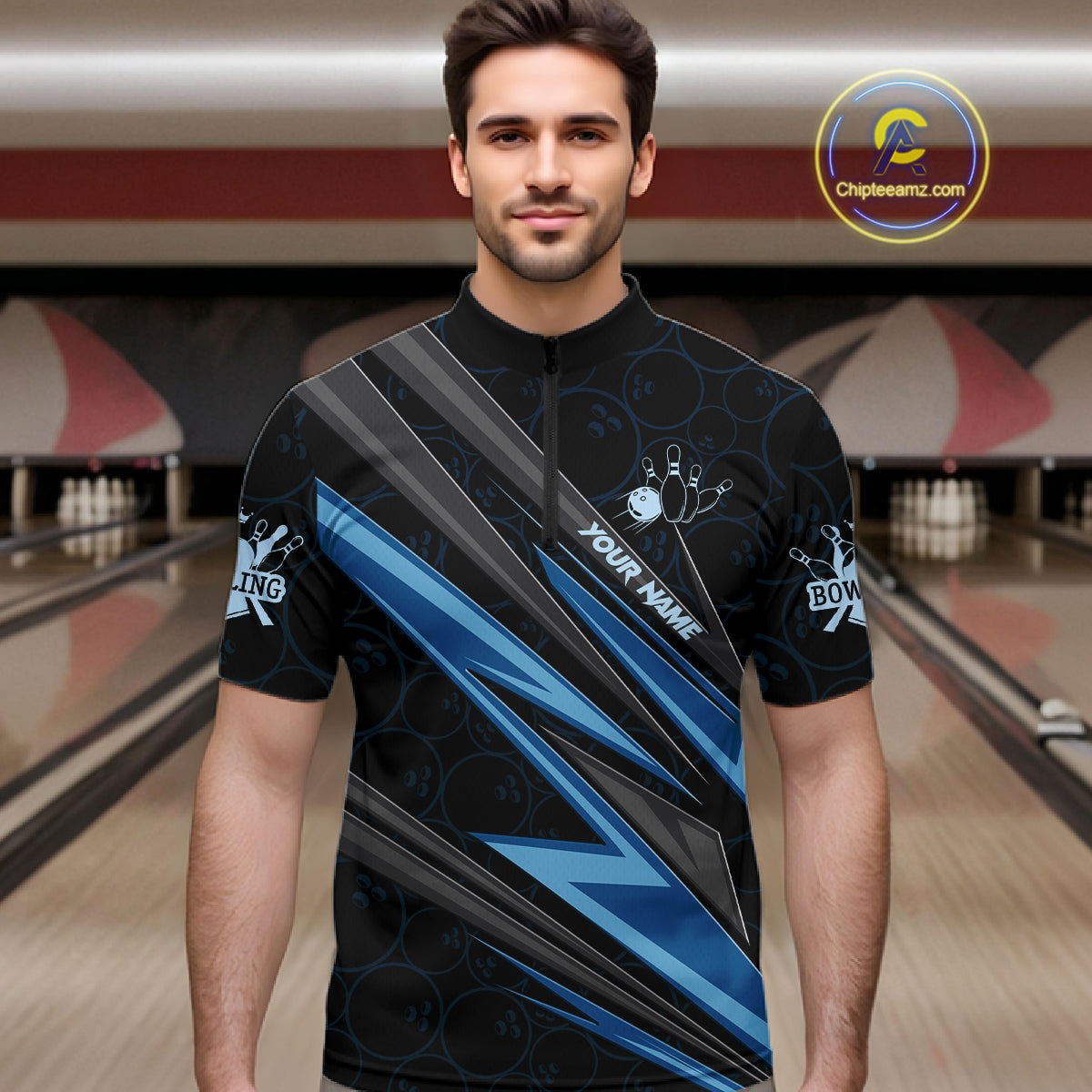 Black And Blue Bowling Jersey For Men Custom Bowling Tournament Team Shirt Polo & 1/4 Zip TDM5821