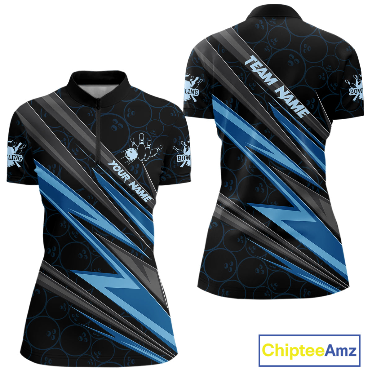 Black And Blue Bowling Jersey For Women Custom Bowling Tournament Team Shirt Polo & 1/4 Zip TDM5821