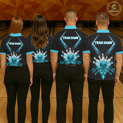 Custom Blue Bowling Jersey For Men, Crystal Lightning Bowling League Shirt Team Polo & 1/4 Zip TDM6429