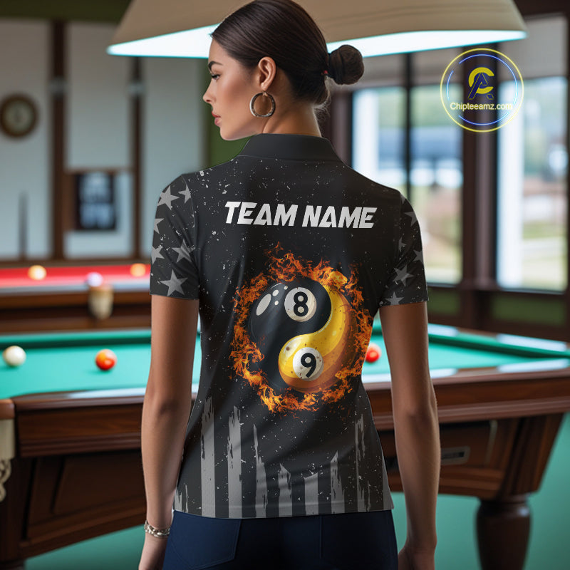Black US Flag Ying And Yang 8 Ball & 9 Ball Custom Billiard Shirts For Women Funny Billiard Jerseys TDM4083