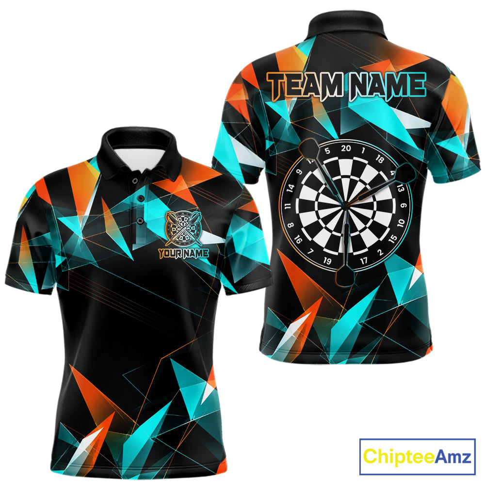 Orange and turquoise darts polo shirt with geometric design and dartboard, customizable name and team name