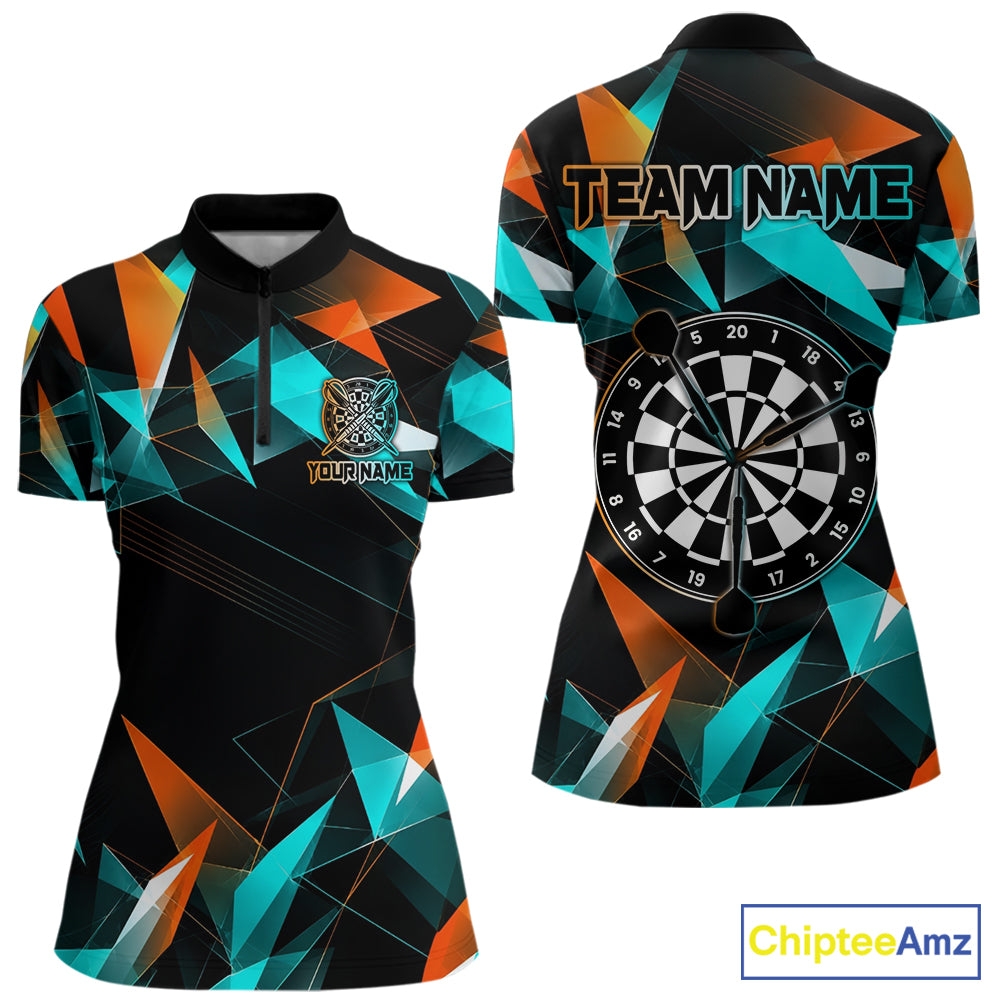 Orange and turquoise darts quarter zip shirt with geometric design and dartboard, customizable name and team name