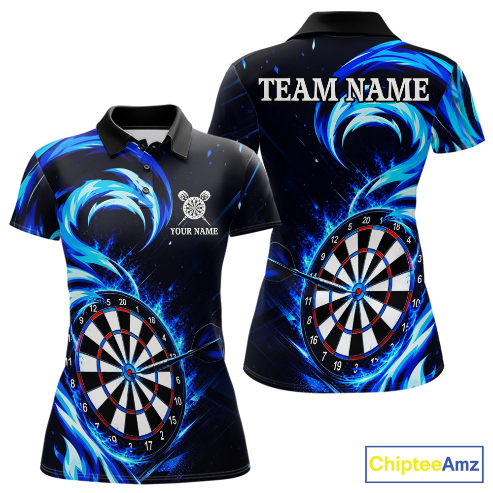 Black and blue flaming darts polo shirt for women with custom player name and team name.