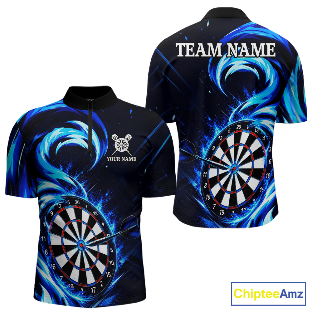 Black and blue flaming darts quarter zip shirt for men with custom player name and team name.