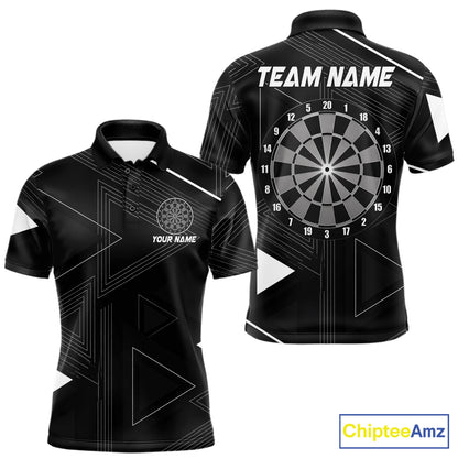 Black polo shirt with dartboard design and customizable text on a geometric background