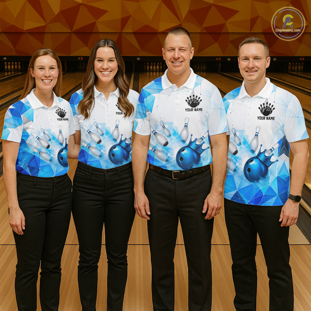 Custom White And Blue Geometric Smoke Bowling Shirts For Women, Bowling Team Jersey Polo & 1/4 Zip TDM6634