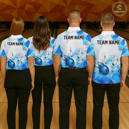 Custom White And Blue Geometric Smoke Bowling Shirts For Women, Bowling Team Jersey Polo & 1/4 Zip TDM6634