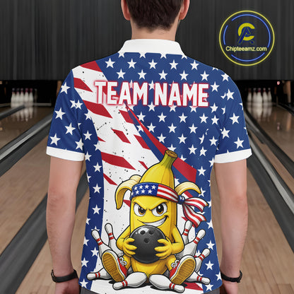 Funny Banana American Flag Bowling Jersey For Men, Custom Patriotic Bowling Shirts Polo & 1/4 Zip TDM6636