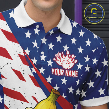 Funny Banana American Flag Bowling Jersey For Men, Custom Patriotic Bowling Shirts Polo & 1/4 Zip TDM6636
