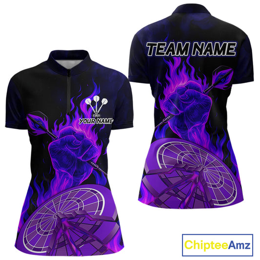 Flame Darts & Crack Dartboard 3D Custom Purple Dart 1/4-Zip Shirts For Women, Dart Jerseys NYN0810