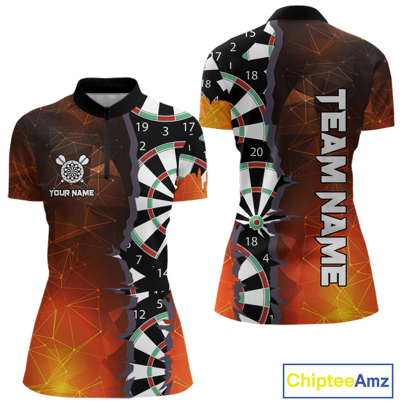 Personalized Fiery Orange Dartboard Crack Darts Shirt For Women, Funny Darts Jersey Polo & 1/4 Zip TDM4449