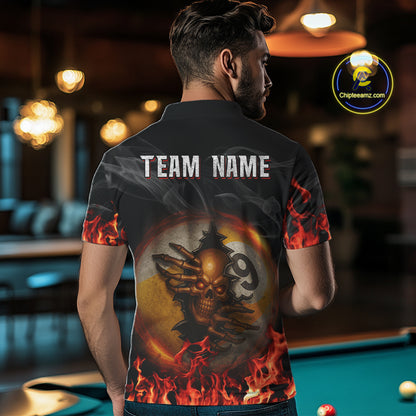 Funny Skull Billiard 8 Ball & 9 Ball Pool Shirt For Men Custom Orange Flame Billiard Team Jerseys TDM4451