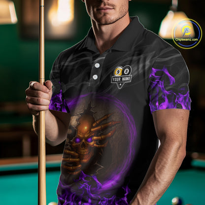 Funny Skull Billiard 8 Ball & 9 Ball Pool Shirt For Men Custom Purple Flame Billiard Team Jerseys TDM4452