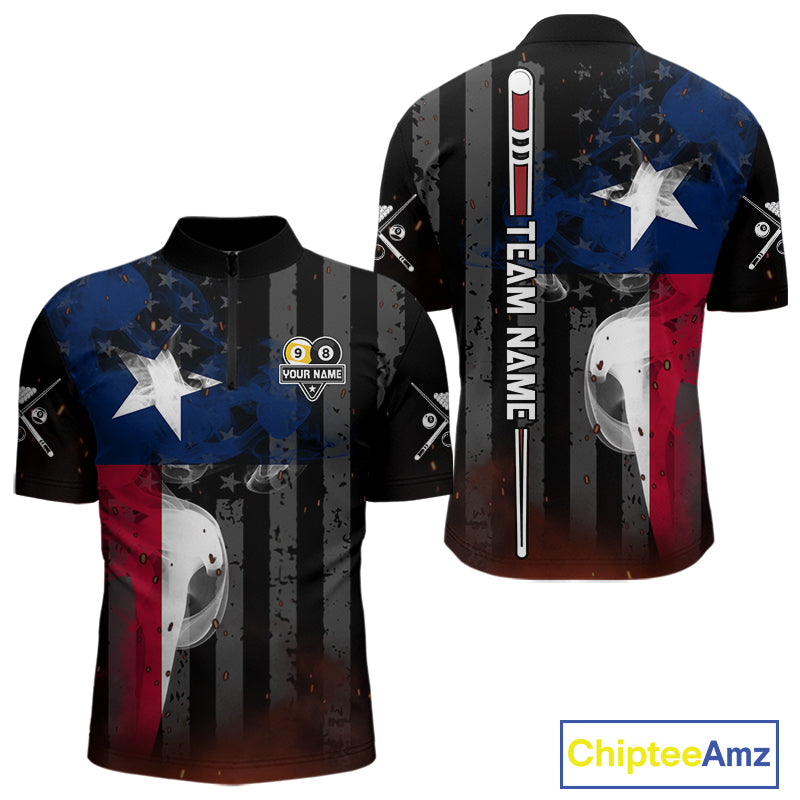 Personalized Vintage Smoke Texas Flag 8 Ball 9 Ball Quarter Zip Billiard Shirt for Men Created for Competitive Pool League Teams with Performance Fabric and Tournament Ready Design
