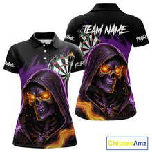 Load image into Gallery viewer, Personalized Purple Grim Reaper Fire Dart Shirt For Women Custom Skull Dart Jersey Polo &amp; 1/4 Zip TDM4893