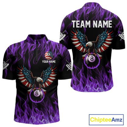 Purple Flaming American Flag Eagle 8 Ball Billiard Shirt For Men Custom Patriotic Pool Team Jersey TDM5588