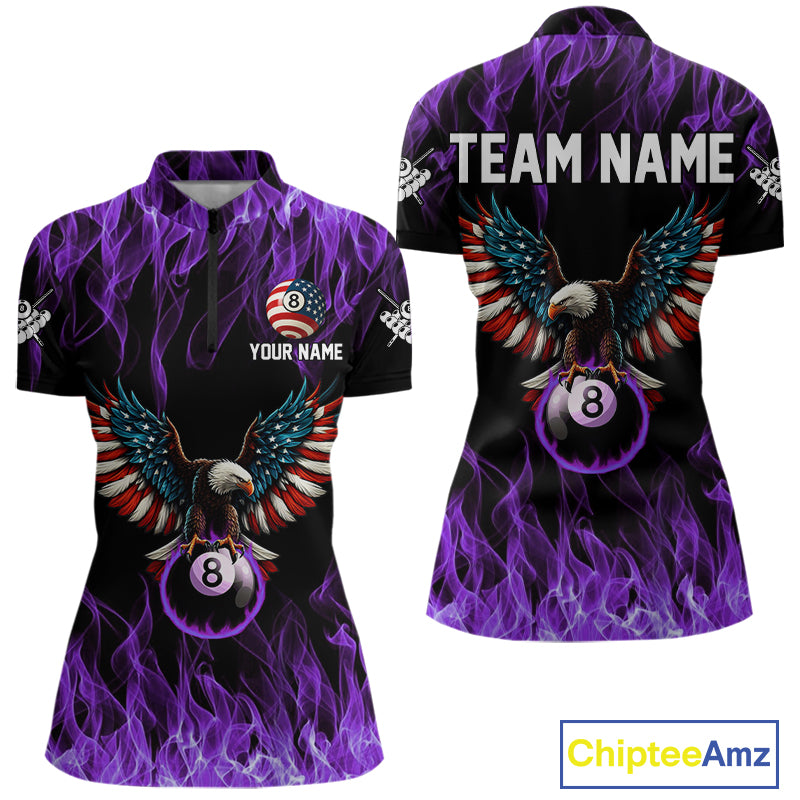 Purple Flaming American Flag Eagle 8 Ball Billiard Shirt For Women Custom Patriotic Pool Team Jersey TDM5588