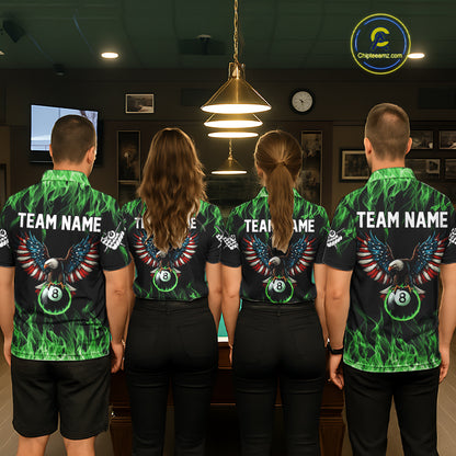 Green Flaming American Flag Eagle 8 Ball Billiard Shirt For Men Custom Patriotic Pool Team Jersey TDM5589