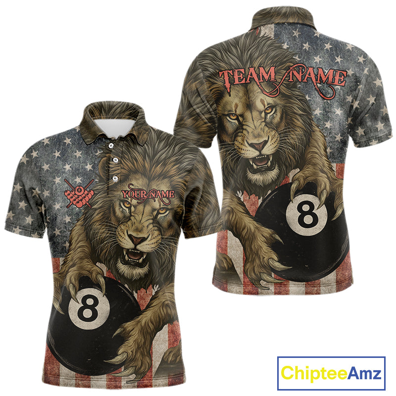 Personalized Vintage American Flag Lion Billiard Shirt For Men, 8 Ball Pool Billiard Team Jerseys TDM5591