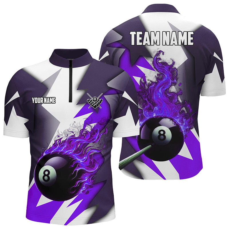Custom Purple Flaming 8 Ball Pool Jersey Men Quarter-Zip Shirt Team League Billiard Shirts TDM1009