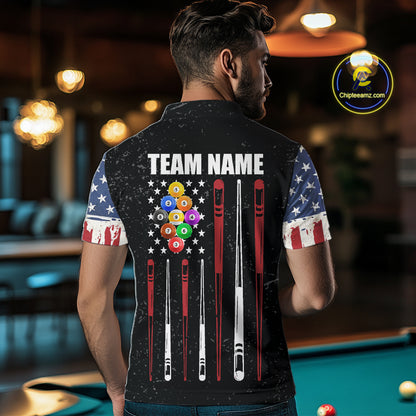 Personalized Grunge American Flag Men's Billiard Shirt Custom 9 Ball Pool Billiard Team Jersey TDM5832