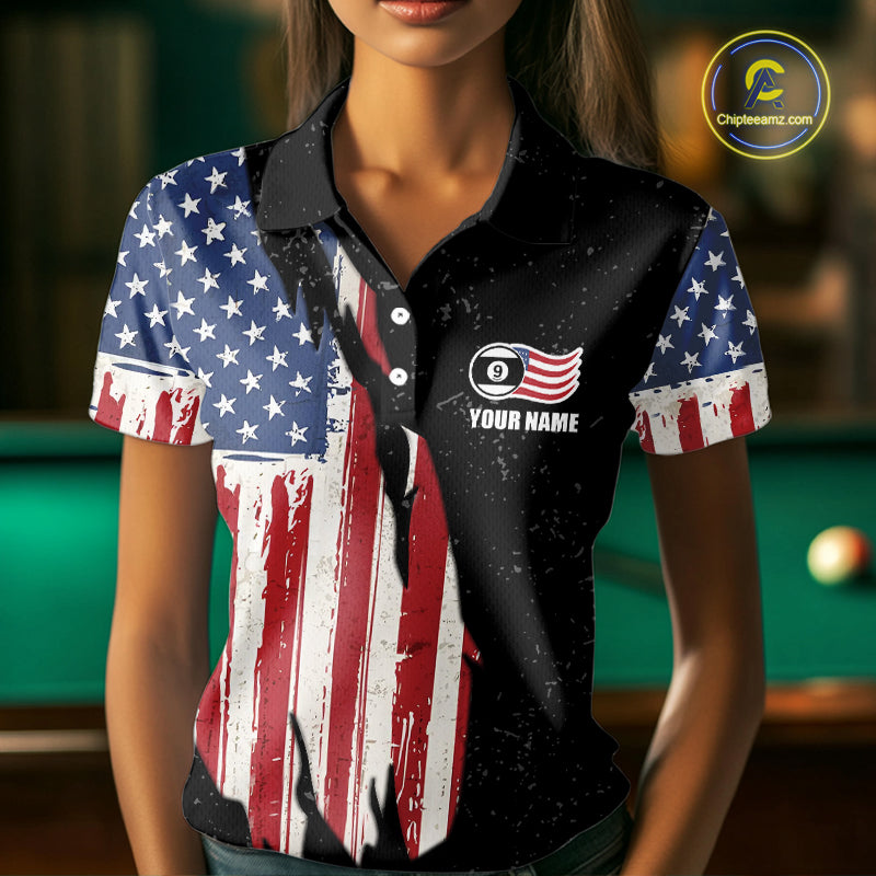 Personalized Grunge American Flag Women's Billiard Shirt Custom 9 Ball Pool Billiard Team Jersey TDM5832