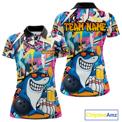 Funny Shark Colorful Graffiti Bowling Shirts For Women, Best Bowling Team Jersey Polo & 1/4 Zip TDM6208