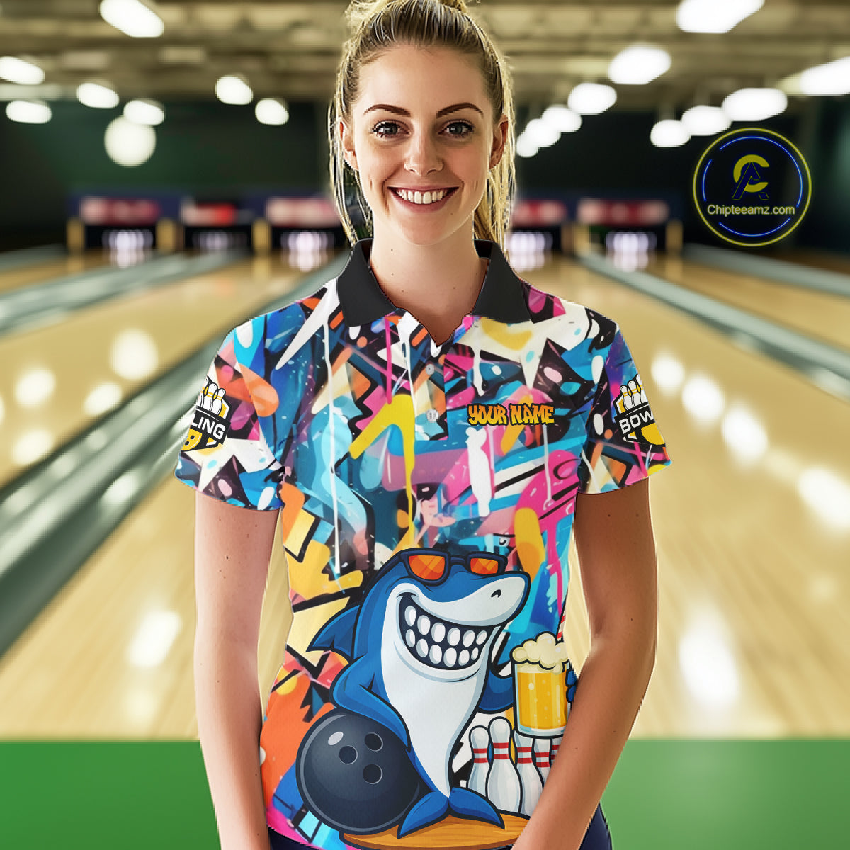 Funny Shark Colorful Graffiti Bowling Shirts For Women, Best Bowling Team Jersey Polo & 1/4 Zip TDM6208