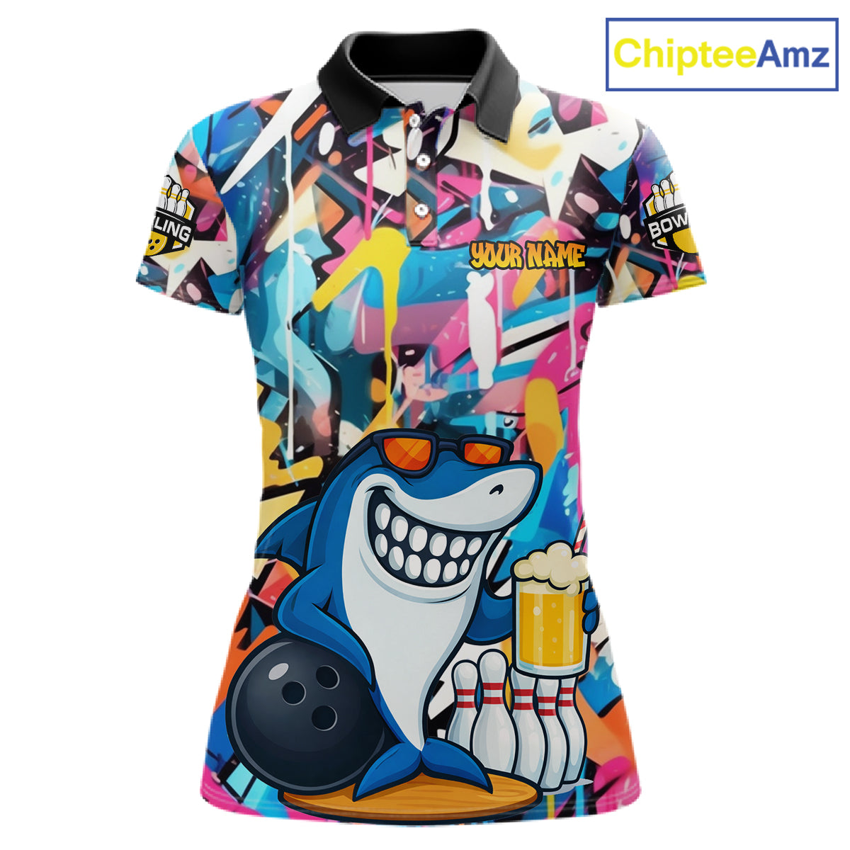 Funny Shark Colorful Graffiti Bowling Shirts For Women, Best Bowling Team Jersey Polo & 1/4 Zip TDM6208