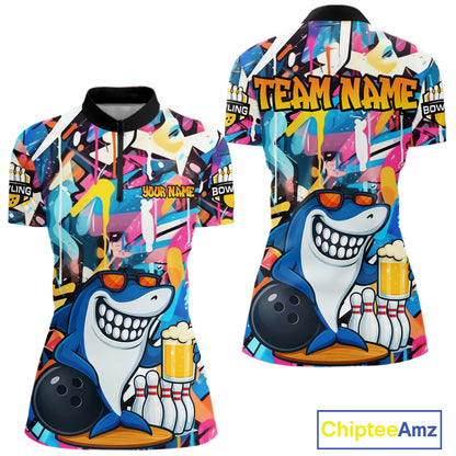 Funny Shark Colorful Graffiti Bowling Shirts For Women, Best Bowling Team Jersey Polo & 1/4 Zip TDM6208